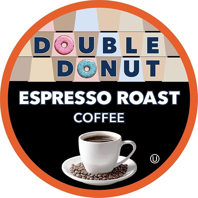 Double Donut Coffee Espresso Roast Coffee Pods, Strong Dark Roast Coffee, Compatible with Keurig K Cups Brewers, 72 Count