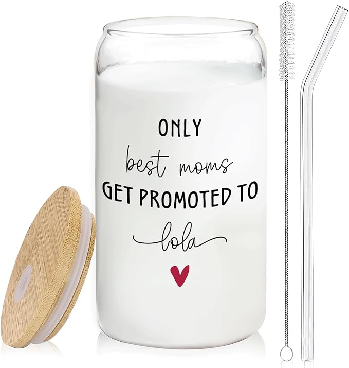 Lola Grandma Announcement Gifts Glass Cup with Lids and Straws 14oz, Pregnancy Announcement for Grandma, Get Promoted to Lola Glass Iced Coffee Tumbler Drinking Jars with Cleaning Brush