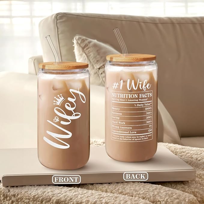 SANDJEST Wife Glass Can, Wifey Cup with Lid & Straw, Iced Coffee Aesthetic Cups, Idea Gift for Christmas Marriage Birthday Anniversary Valentine, Gifts for Women, 16oz