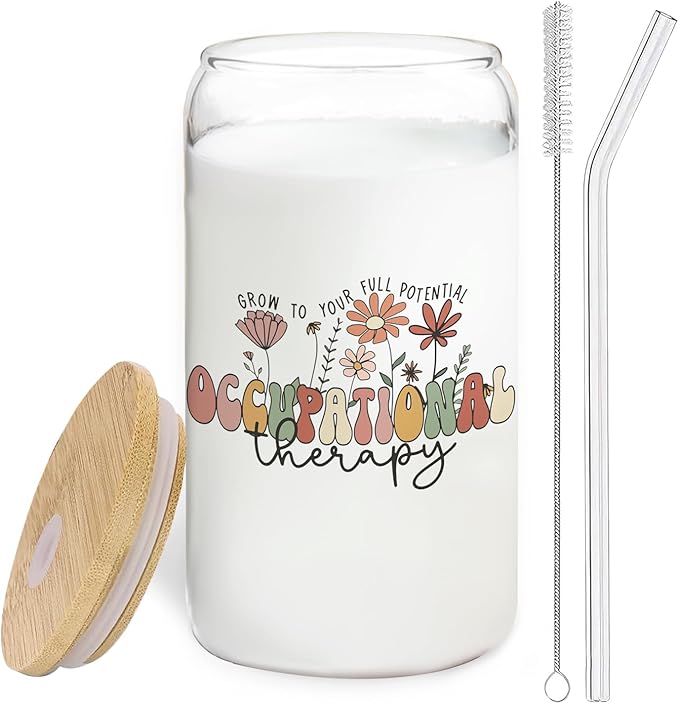Occupational Therapist Gifts Glass Cup with Lids and Straws 14oz, OT Occupational Therapy Gifts Glass Coffee Tumbler Drinking Jars with Cleaning Brush
