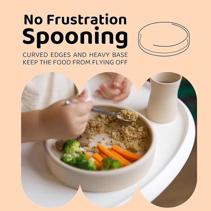 APLAINR Solid Plate, Weighted Baby Toddler Plate, Silicone Plates for Baby, No-Division Kid Plates, Microwave & Dishwasher Safe Silicone Plate for Toddlers, No BPA, Oat Cream