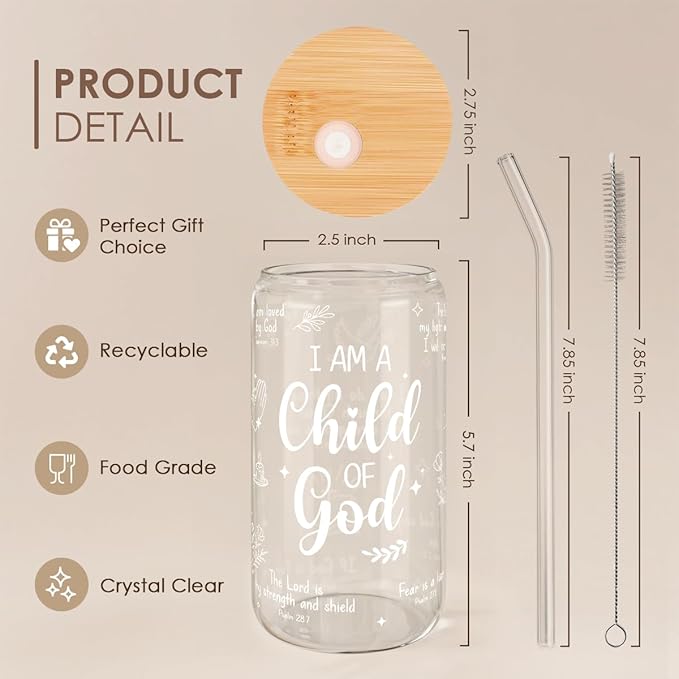 SANDJEST Christian Glass Can, I am Child of God Cup with Lid & Straw, Iced Coffee Aesthetic Cups, Idea Gift for Christmas Birthday, Gifts for Women, 16oz
