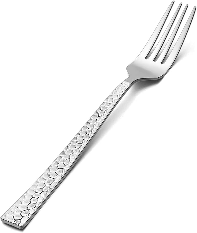 Salad Forks Set of 12, E-far 6.7 Inch Stainless Steel Hammered Dessert Forks for Home, Kitchen or Restaurant, Non-toxic & Mirror Polished, Squared Edge & Dishwasher Safe