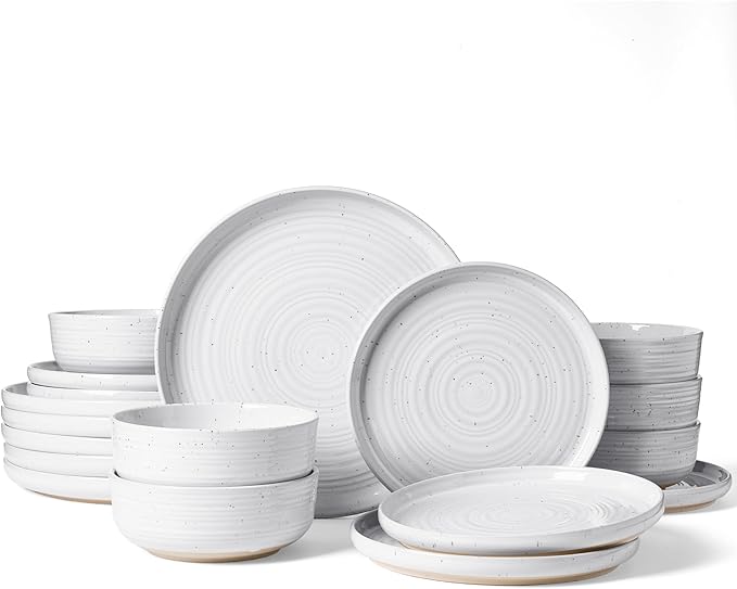 Plates and Bowls Sets for 6, Famiware Premium 18-Piece Stoneware Dinnerware Set, Spiral Flared Dish Set with Speckles & Reactive Glaze - Microwave & Dishwasher Safe Tableware, White
