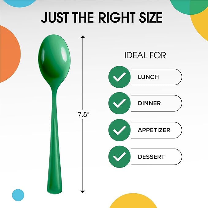 Party Solids Disposable Emerald Green Plastic Spoons 200 Pcs - Heavy Duty Modern Plastic Disposable Cutlery
