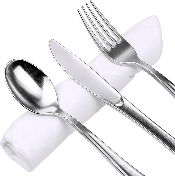 60 Pack Silver Plastic Silverware Set with Pre Rolled Napkins - Disposable Individually Wrapped Cutlery Set Includes 60 Forks, 60 Knives, 60 Spoons, 60 Napkins, Gold Utensils Set (Silver-60 Pack)