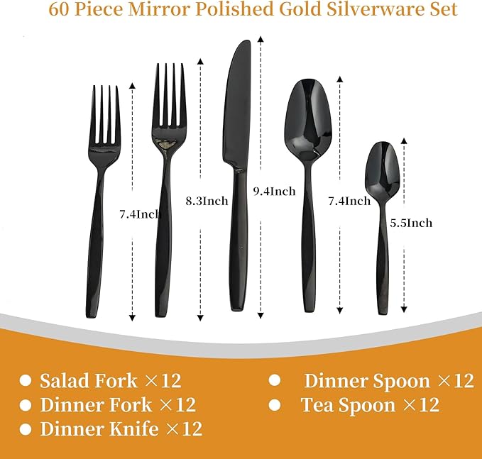 Black 60-Piece Silverware Set,Stainless Steel Flatware Utensils Cutlery Set for 12,Including Steak Knife Fork and Spoon,Dishwasher Safe,Modern Tableware for Home & Dining