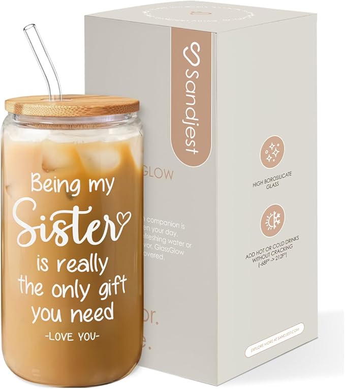 SANDJEST Sister Gift, Funny Sister Coffee Cup, 16 Oz Bamboo Lid & Straw - Gifts for Women, Birthday, Christmas