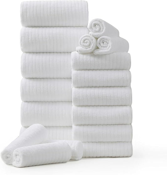 18 Piece Family Bath Towel Set Include 6 Bath Towels,6 Hand Towels and 6 Washcloths Soft Bathroom Towel with Hanging Loops,Highly Absorbent Quick Dry Towels Set for Bathroom,Hotel and Spa-White