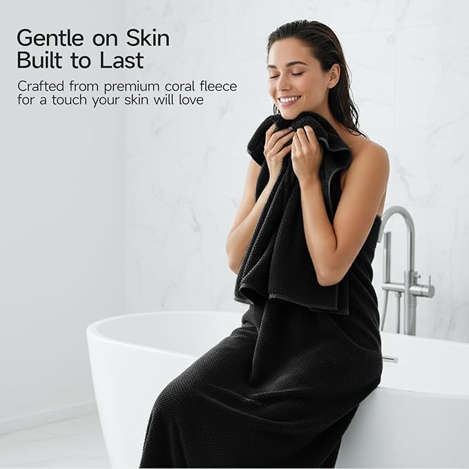 REDKISS Ultra Soft Bath Towels Set of 4-35 x 70 in Extra Large Coral Fleece Bath Towel, Highly Absorbent Plush Bathroom Towels for Adults, Quick Dry Towel Set for Spa, Gym, Travel, Black