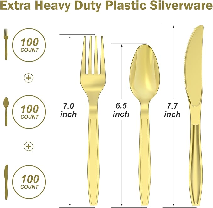 300 Count Extra Heavy Duty Gold Plastic Silverware, 100 Forks, 100 Spoons, 100 Knives, BPA-Free, Heat Resistant, Disposable Plastic Utensils Set, Plastic Cutlery Set, Plasticware Bulk