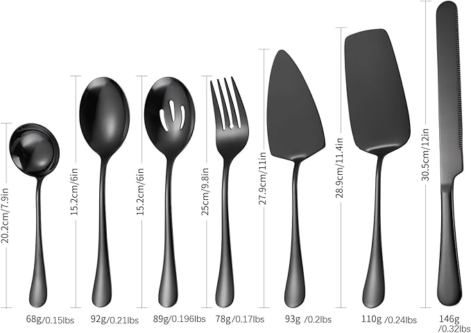 A · HOUSEWAR Black Flatware Serving Set 7 Piece Stainless Steel Catering Utensils include Soup Ladle Large Slotted Spoon Big Server Fork12” Cake Knife Pizza Spatula Parties Buffet