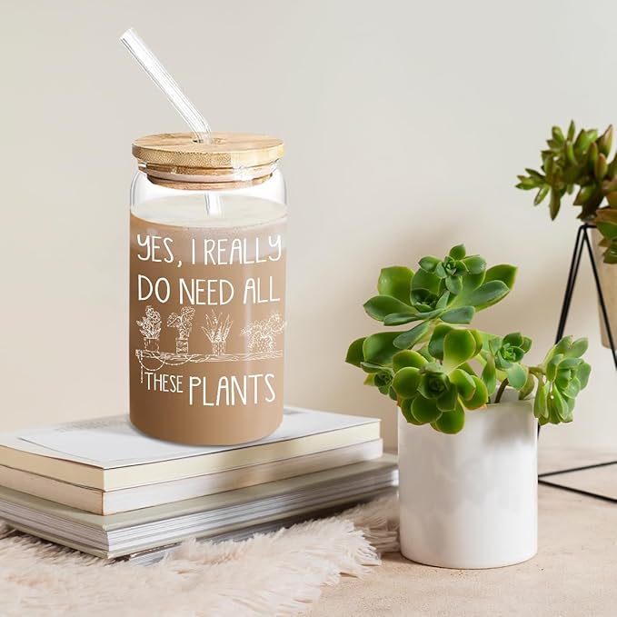 Plant Lover Gifts for Women Plant Themed Glass Cup with Lid and Straw Cute 16 Oz Plant Cup Plant Gifts for Plant Lovers Gifts for Gardeners Women Birthday Christmas Gifts for Plant Lady