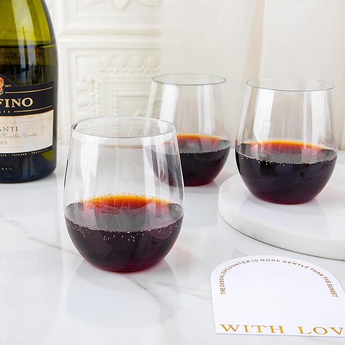 SUT Disposable Wine Glasses Stemless - 12oz Unbreakable Wine Cups, Shatterproof, Recyclable, Heavy Duty Plastic Wine Glasses for Parties Disposable(24Pack)(Clear)