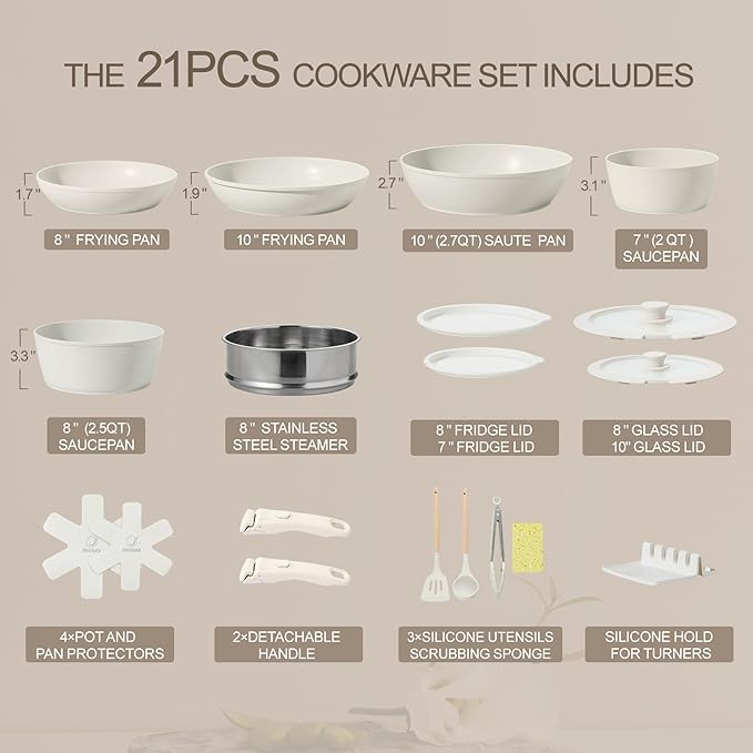 21PCS Nonstick Ceramic Pots and Pans, Ceramic Cookware with Detachable Handle, RV Kitchen Cookware Set, Cookware Set with Removable Handles, Oven Safe, Stackable Storage