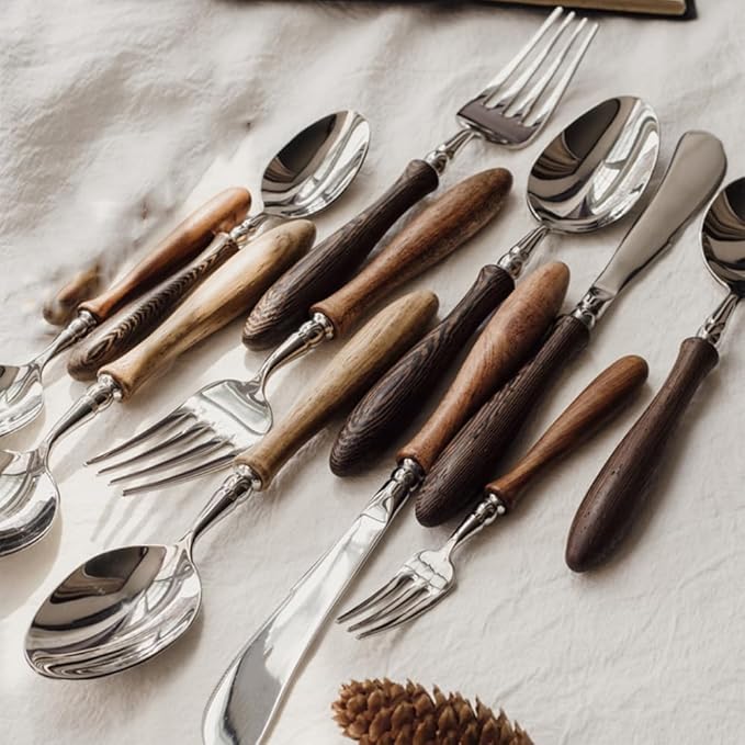 30 Piece Silverware Set Service for 6,Premium Wooden Handle Stainless Steel Flatware Set Home Include Fork Knife Spoon Set Package for Christmas and Thanksgiving（Dark Brown）