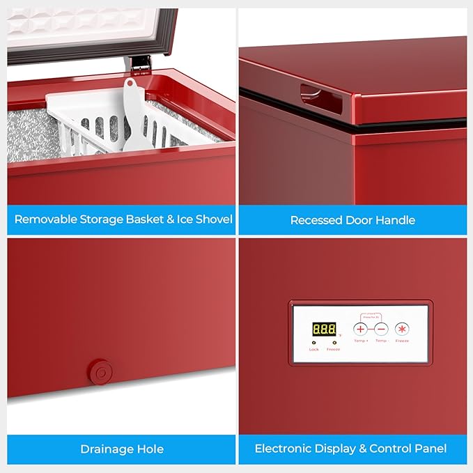 Antarctic Star Chest Freezer 3.2 Cubic Feet 14℉ to -40℉ Low Temperature Freezer with Removable Basket, Free Standing Top open Door Deep Freezer, Adjustable Temperature for Home, Basement, Kitchen, Red