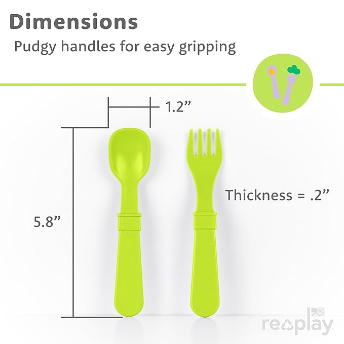 Re-Play Toddler Forks and Spoons Set - 4x4 Utensils Set for Kids - Dishwasher and Microwave Safe - Made in USA - Set of 8-5.8" x 1.2" x 0.2" - Aqua Asst
