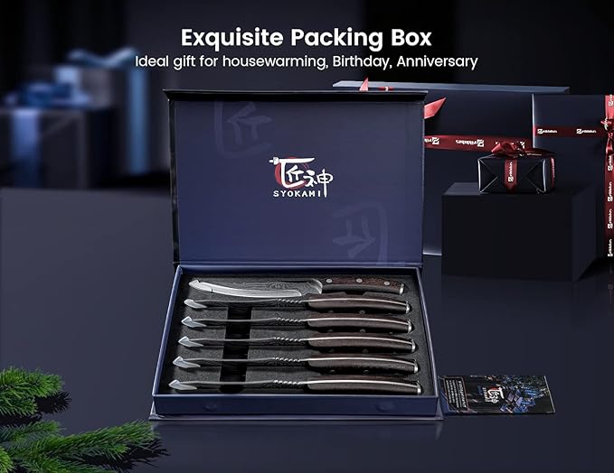 Steak Knives Set of 6, 4.8 Inch Carbon Steel Japanese Style Non-Serrated Meat Knife with Damascus Pattern, Ergonomic Full-Tang Non-Slip Wooden Handle, Thanksgiving Christmas Cooking Gifts