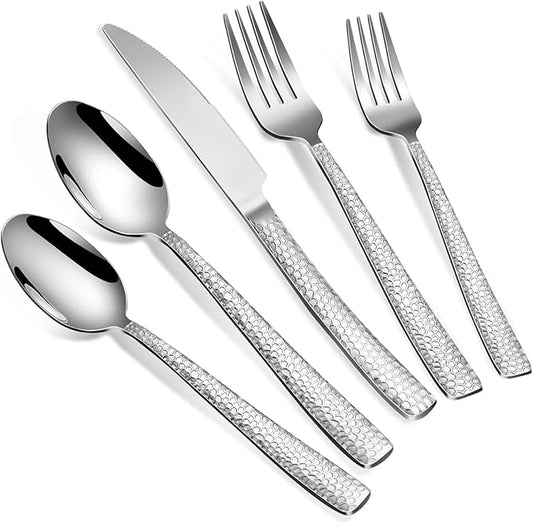20-Piece Silverware Set, Silver Hammered Stainless Steel Flatware Sets for 4, Food-Grade Tableware Set, Including Fork Knife Spoon Set, Home Kitchen Cutlery Sets, Dishwasher Safe