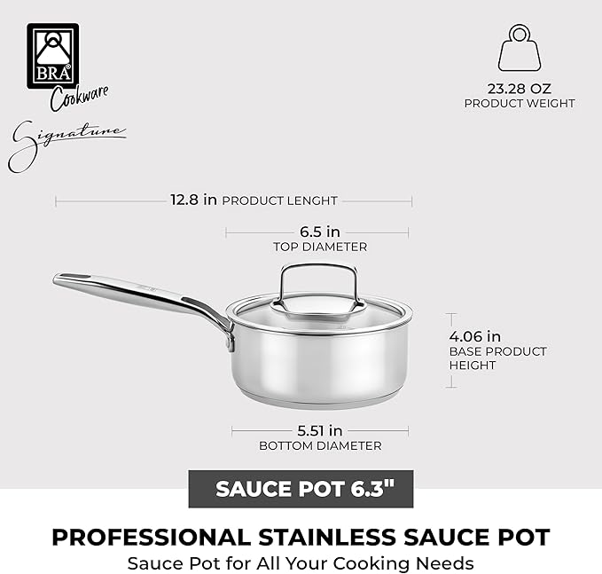 BRA COOKWARE Signature Stainless Steel Sauce Pot w/Glass Lid | 6.3 Inch 1.2 Quart Professional Grade Saucepan | PFOA Free Warming Pot | All Cooktops | All Cooktops (incl. Induction) & Oven Safe