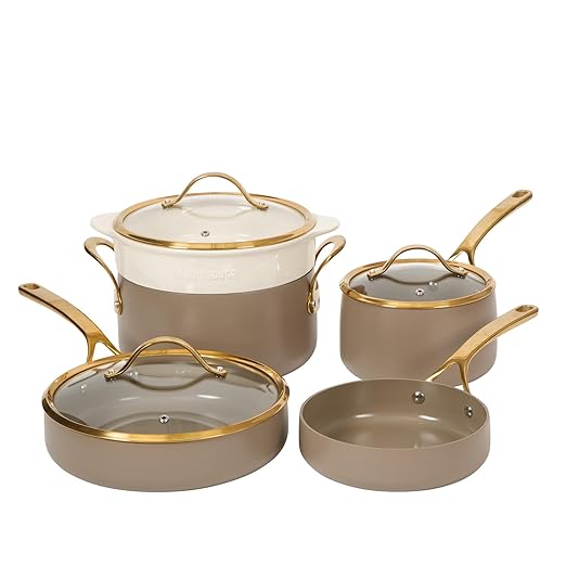 Bloomhouse - Two Time Oprah's Favorite Things Winner - 8 Piece Pots and Pans Heavy Duty Aluminum Premium PFA Free Ceramic Nonstick Dutch Oven Pot with Lid - Cappuccino Cream with Gold Handle