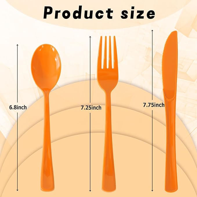 150 Pack Disposable Plastic Silverware, Heavy Duty Orange Plastic Cutlery Set Includes 50 Forks 50 Knives 50 Spoons for Birthday Wedding Party Picnics (150, Orange)
