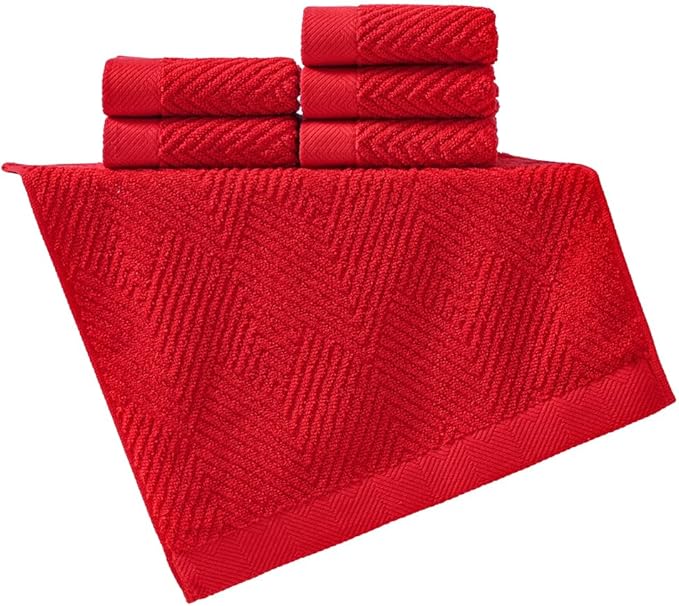 sense gnosis Red Washcloth Set of 6 Premium 100% Cotton Herringbone Striped Weave Ultra Soft Highly Absorbent Washcloth for Kitchen Home Bathroom 13 X 13 Inch