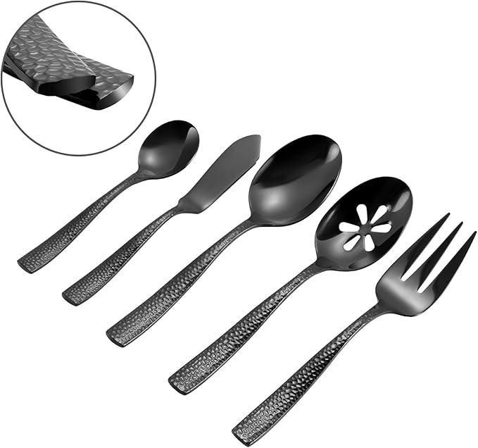 Silverware 65-Piece Black Hammered Flatware Set with Serving Utensils Stainless Steel Thick Handle Mirror Polished Cutlery Set for Wedding Hotel Restaurant, Service for 12