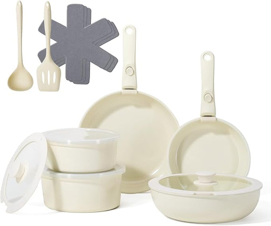 Pots and Pans Non Stick,16Pcs Ceramic Nonstick Cookware Sets, Induction Kitchen Set with Removable Handle, Cooking Frying Pans & Saucepans(PFOS, PFOA Free), Oven/Dishwasher/Fridge Safe, Space Saving