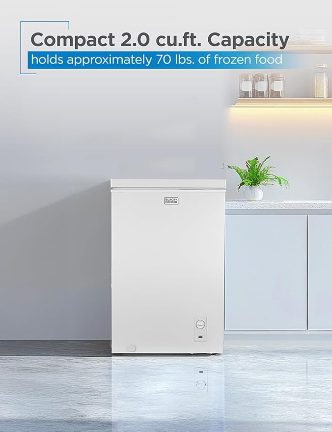 BLACK+DECKER 2.0 Cu. Ft. Compact Chest Freezer, Deep Freezer Holds Up To 70 Lbs. of Frozen Food, Removable Storage Basket, Manual Defrost, White