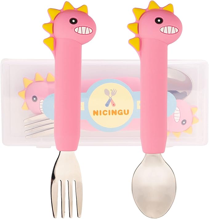 Toddler Utensils,Baby Spoons Fork Sets,Kids Silverware with Silicone Handle,Dinosaur Toddler Spoons Forks-Pink