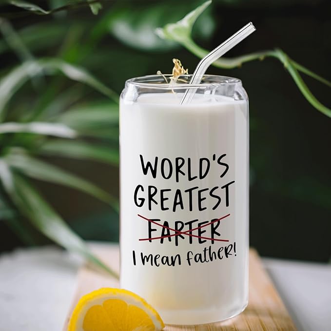 Funny Dad Gifts for Fathers Day Glass Cup with Lids and Straws Cleaning Brush 14oz,Father Dad Birthday Gifts from Daughter Son,World Greatest Farter Glass Coffee Tumbler Drinking Jars