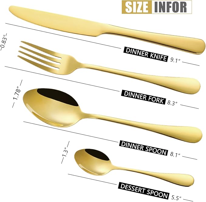 24 pcs Flatware Set, Gold Stainless Steel Flatware Set for 6, Knife Fork Spoon, Home Dinnerware Tableware Set for 6, Cutlery Set, Include Knives/Forks/Spoons