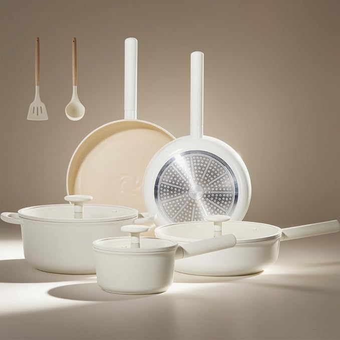 JEETEE Ceramic Cookware Set, 15 PCS Pots and Pans Set Non Stick with Removable Handles, Non Toxic Induction Kitchen Cookware Sets, Oven Safe PFAS/PFOA Free Cream