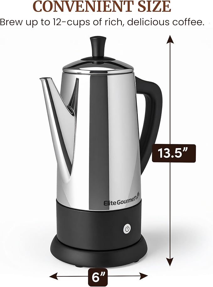 Elite Gourmet 12-Cup Electric Coffee Percolator, Dishwasher Safe Stainless-Steel Filter, Lid & Tube, Keep Warm, 360° Swivel Base Cord-less Serving, Stainless-Steel