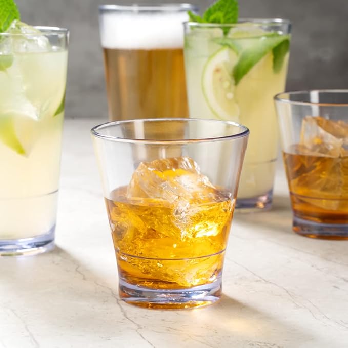 Bev Tek 9 Ounce Plastic Drinking Glasses, 12 Reusable Plastic Cocktail Cups - Shatterproof, Clear Plastic Old Fashioned Glasses, Dishwashable, Stackable - Restaurantware