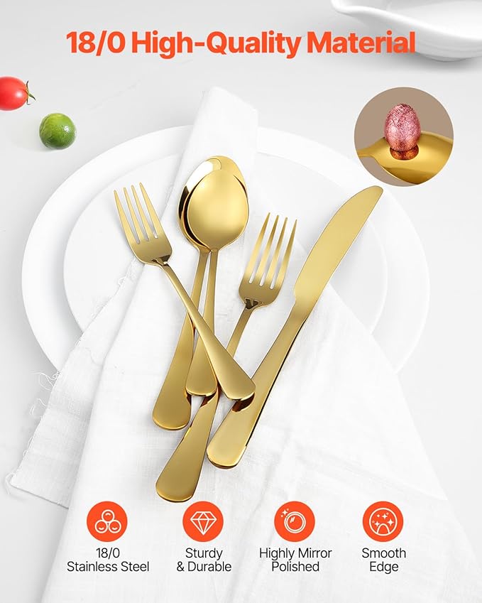 VEVOR 60-Piece Gold Silverware Set, Food-Grade Stainless Steel Flatware Utensils for 12, Mirror Finished Cutlery Set, Dishwasher Safe Eating Tableware for Kitchen Home, Include Knife Fork Spoon