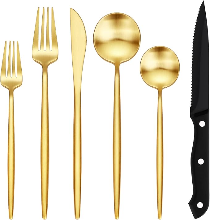 EUIRIO 48-Piece Matte Gold Silverware Set with Steak Knives, Gold Flatware Set for 8, Stainless Steel Forks and Spoons Silverware Sets, Gold Cutlery Utensils Set, Satin Finish & Dishwasher Safe