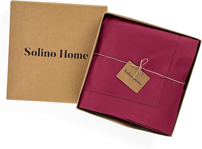 Solino Home Beet Linen Tablecloth 60 x 90 Inch - 100% Pure Linen Hemstitch Table Cloth for Rectangle Tables - Classic Hemstitch, Machine Washable Tablecloth for Valentines, Winter, New Year