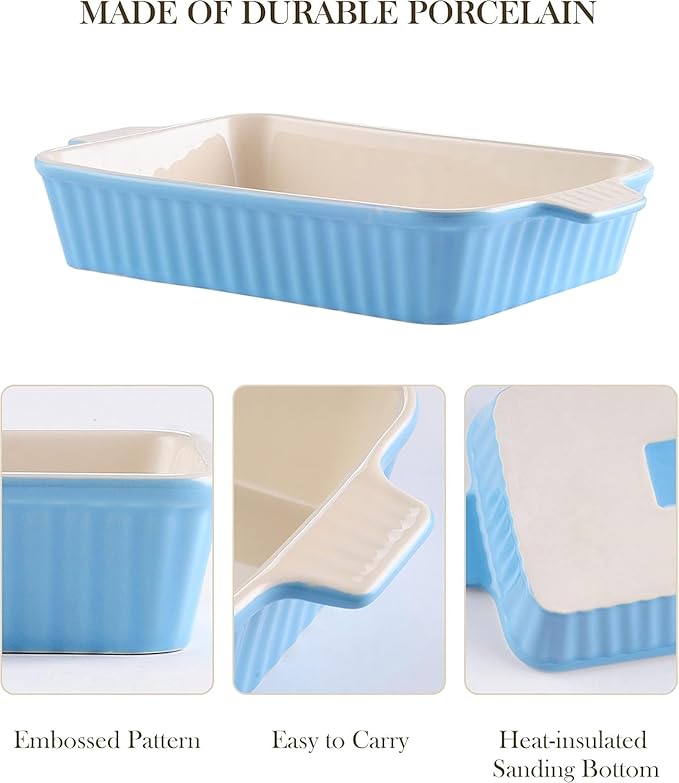 MALACASA Casserole Dishes for Oven, Porcelain Baking Dishes, Ceramic Bakeware Sets of 4, Rectangular Lasagna Pans Deep with Handles for Baking Kitchen, Blue (9.4"/11.1"/12.2"/14.7"), Series BAKE.BAKE