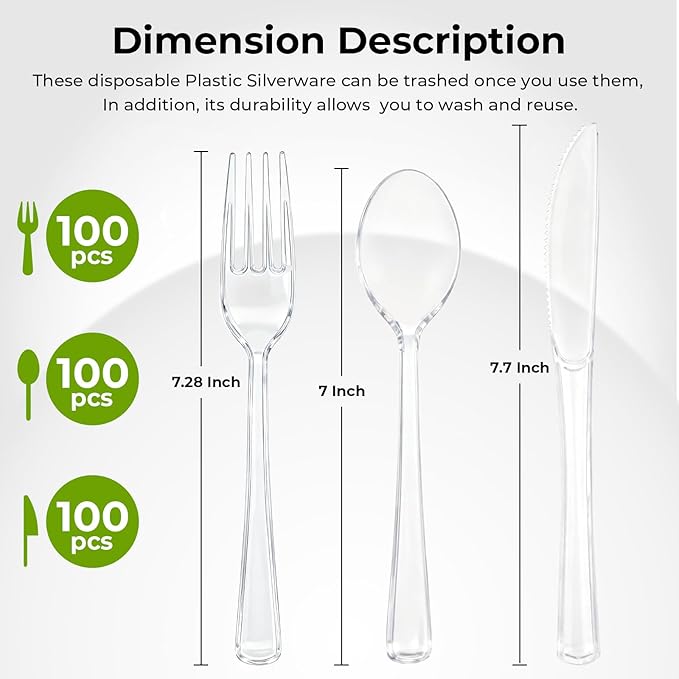 300 Count Clear Plastic Cutlery Sets Disposable, Includes 100 Knives, 100 Forks, 100 Spoons, Heavyweight Plastic Silverware Utensils for Parties, Events and Everyday Use (Cutlery Sets)
