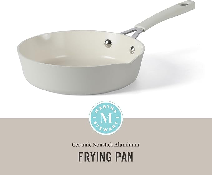 Martha Stewart Heathland 8 Inch Aluminum Fry Pan Cookware Non-Toxic Premium Ceramic Non Stick Frying Pan, Kitchen Egg Pan, Omelet Pan, Always Pan, Pots and Pans, Linen White, Induction Safe