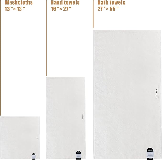 SEMAXE White Bath Towel Set, 100% Cotton Bathroom Towels with Hanging Loops, Luxury 8 Piece Towel Set Include 2 Bath Towels, 2 Hand Towels, 4 Washcloths