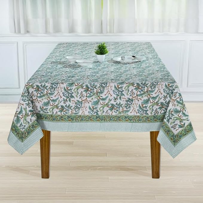 Ridhi Sage and Russian Green Hand Block Print Cotton Rectangle Tablecloth 90" x 60" inches Reusable Table Cover Decorative Everyday Use for Dining, Farmhouse, Home, Party, Festive, Wedding, Fall