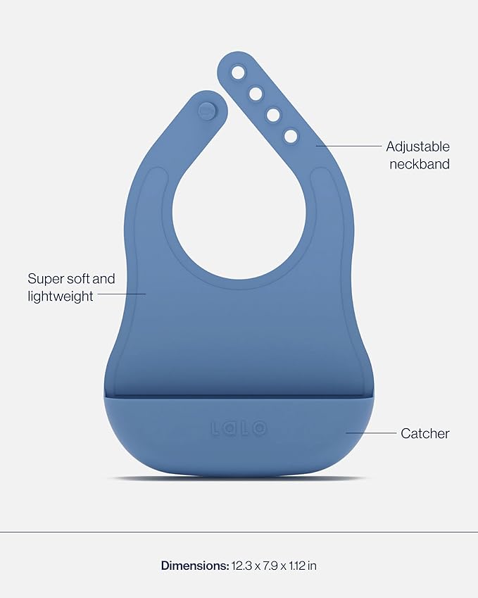 Lalo First Bites Silicone Baby Feeding Set - Baby Led Weaning Supplies - Non-Toxic Silicone - Includes 1 Bib, 2 Spoons, Training Cup, Suction Plate and Bowl - 6 Pieces - Blueberry