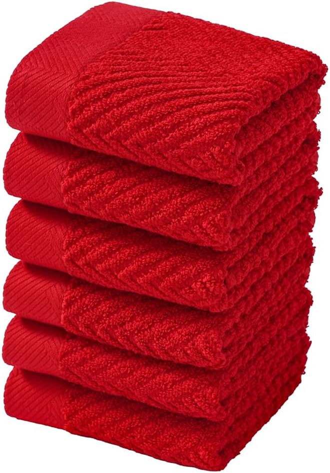 sense gnosis Red Washcloth Set of 6 Premium 100% Cotton Herringbone Striped Weave Ultra Soft Highly Absorbent Washcloth for Kitchen Home Bathroom 13 X 13 Inch