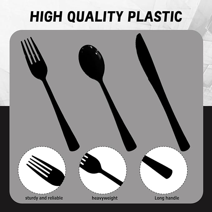150 Pack Disposable Plastic Silverware, Heavy Duty Black Plastic Cutlery Set Includes 50 Forks 50 Knives 50 Spoons for Birthday Wedding Party Picnics (150, Black)
