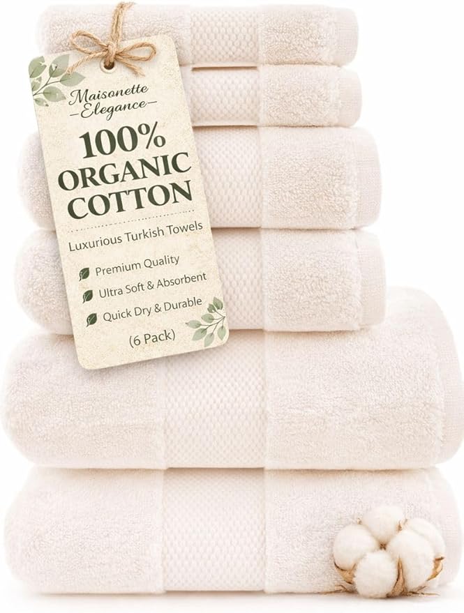 Maisonette Elegance 100% Organic Cotton Turkish Bathroom Towel Set, Soft & Absorbent, Ideal Quick Dry Luxury Hand, Large Bath Towels & Washcloths for Shower (6 Pack), Light Beige (Natural)