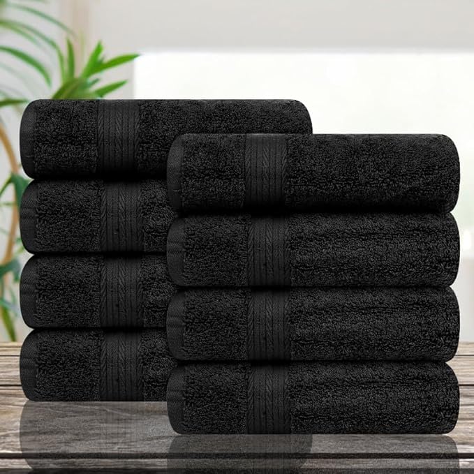 Ample Decor Hand Towel 18 X 28 Inch Pack of 8 600 GSM 100% Cotton,Oeko Tex Certified Soft Absorbent Thick Durable Premium Quality, for Hotel, Bathroom,Spa, Daily Use,Gym -Machine Washable-Black